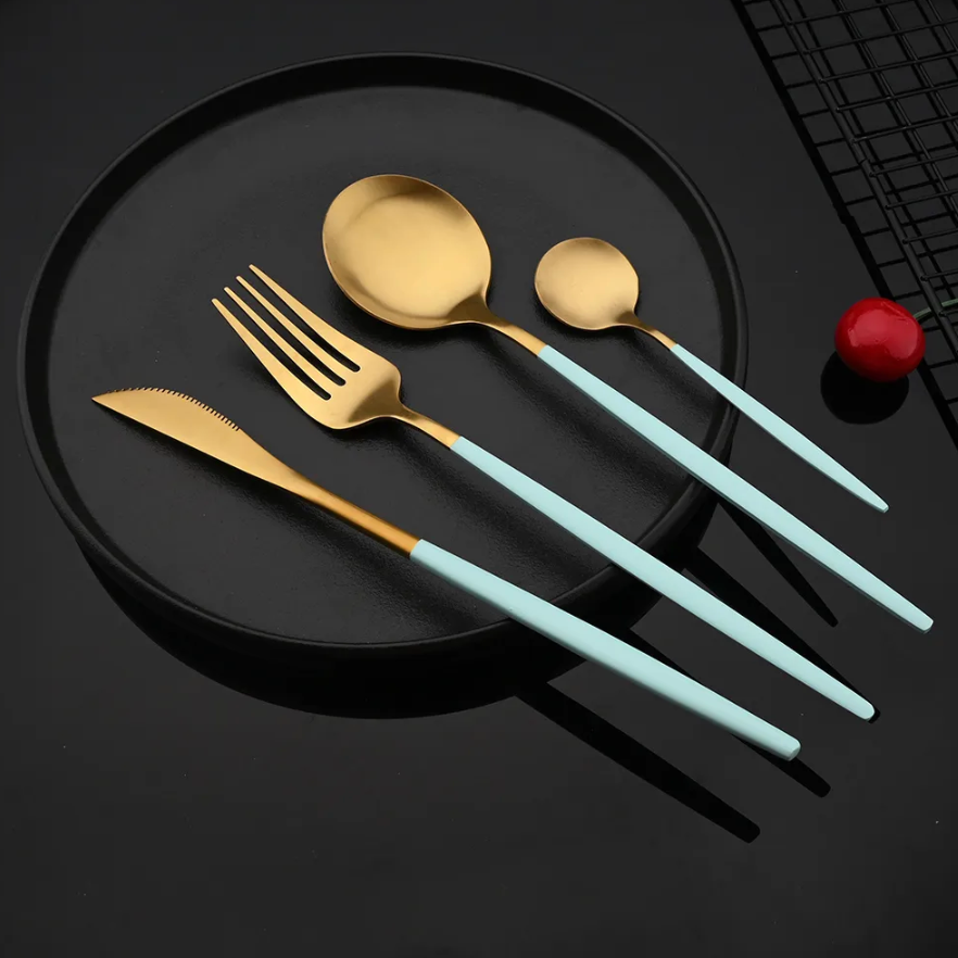Emerald Essence Cutlery Sets - Premium Marble & Gold-tone Finish